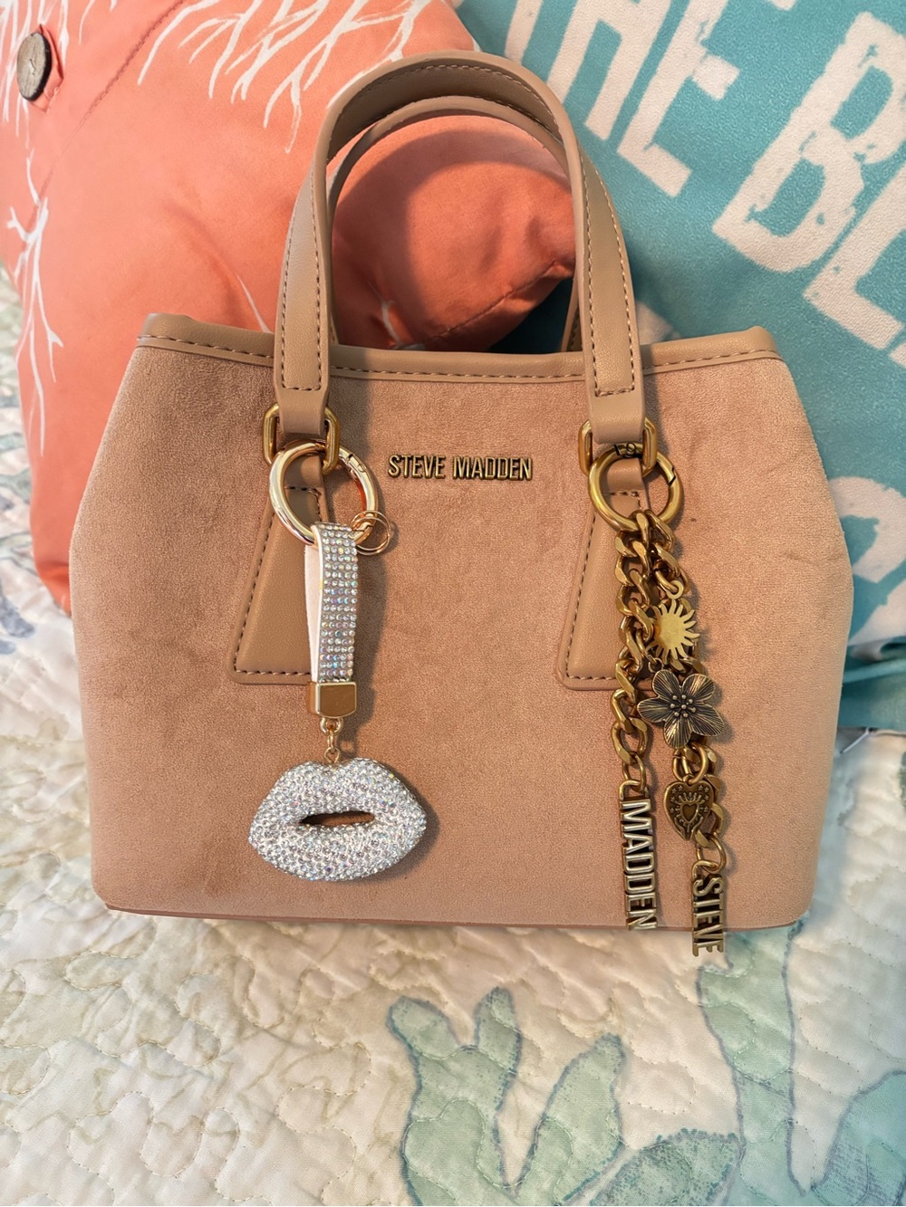 Steve Madden Blush Suede Mini Satchel with Gold Charm Accents
